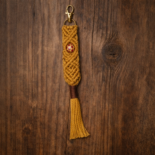 Boho Macramé Keychain with Accent Bead – Handmade Mustard Wristlet Keychain with Tassel