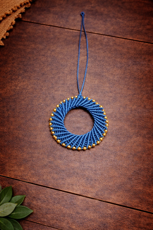 Blue Macramé Car Charm – Handmade Beaded Hanging Ornament