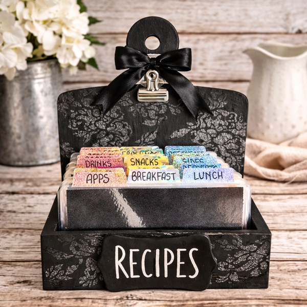 Midnight Bloom Black Floral Recipe Box with Glitter Accent & Recipe Card Clip – Handcrafted Kitchen/Recipe Organizer