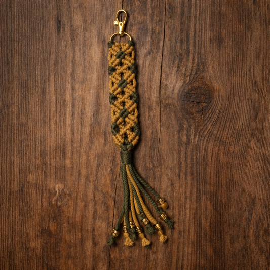 Boho Macramé Keychain with Tassel – Handmade Cotton Wristlet Keychain in Mustard & Olive