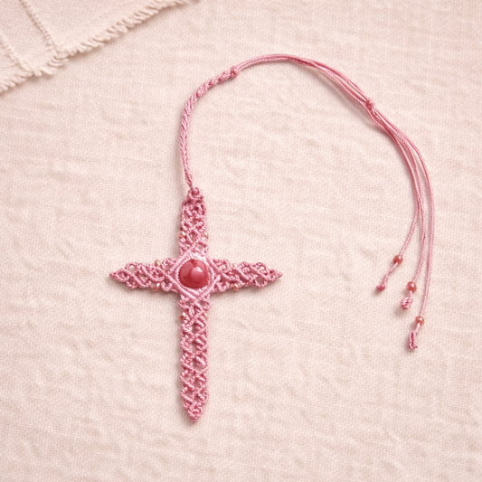 Blush Pink Macramé Cross Car Charm – Handmade Boho Rearview Mirror Hanging