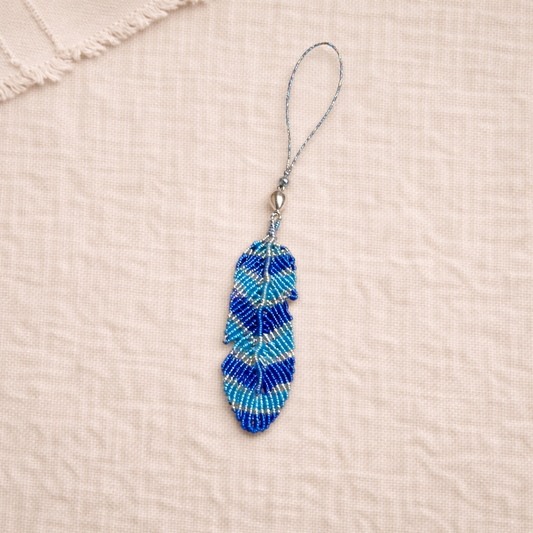 Blue Beaded Feather Charm – Handmade Boho Keychain | Turquoise & Navy Tribal Style Bag Accessory