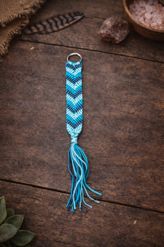 Blue Ombre Macramé Keychain – Handmade Chevron Boho Tassel Charm