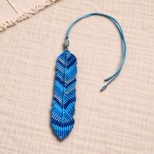 Blue Macramé Feather Car Charm | Boho Rearview Mirror Hanging