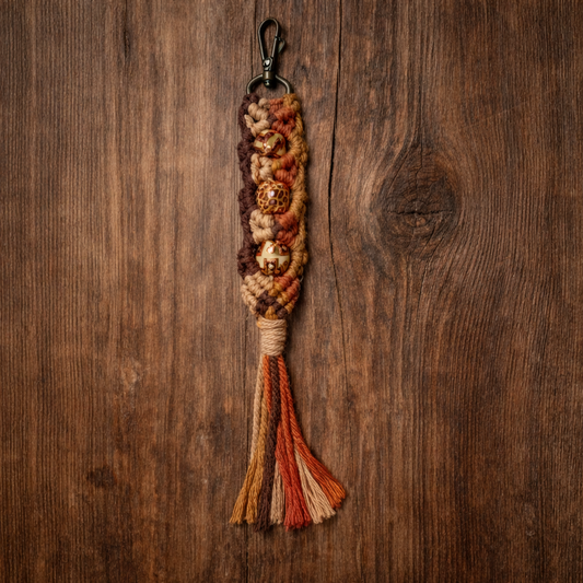 Boho Macramé Keychain with Triple Beads – Handmade Earth Tone Wristlet Keychain with Tassel