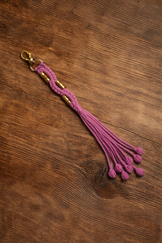 Blush Pink Macrame Keychain with Tassel & Gold Accents | Handmade Boho Keyring
